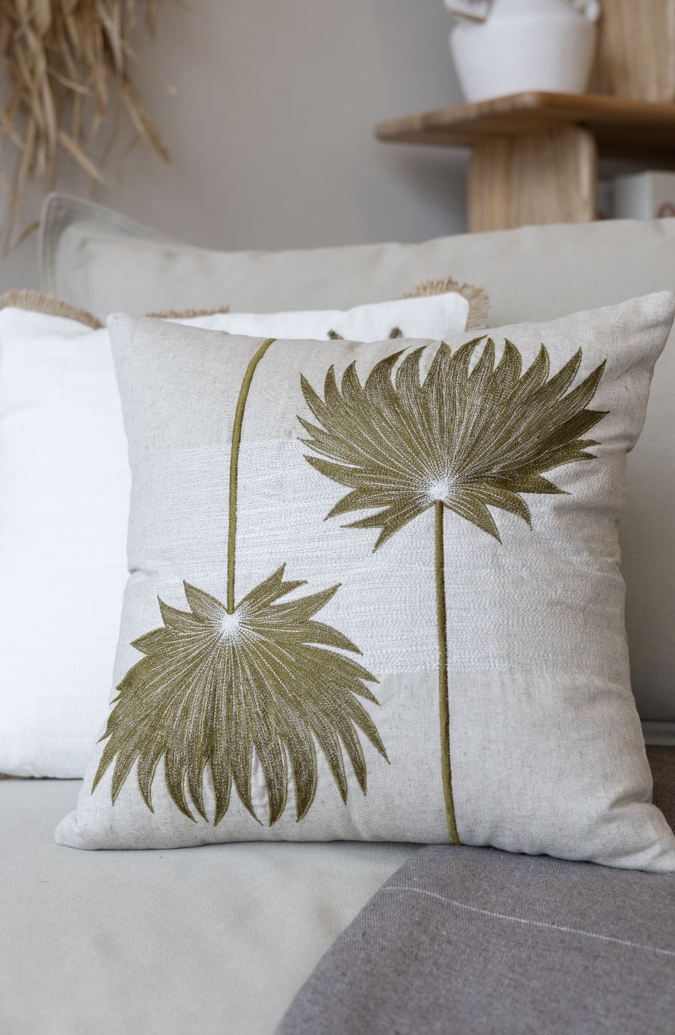 Linnen kussen beige palmblad