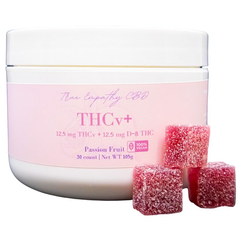 THCV gummies, 30 pieces in a jar, each piece being 25mg. 12.5mg of THCv + 12.5mg of CBD. 