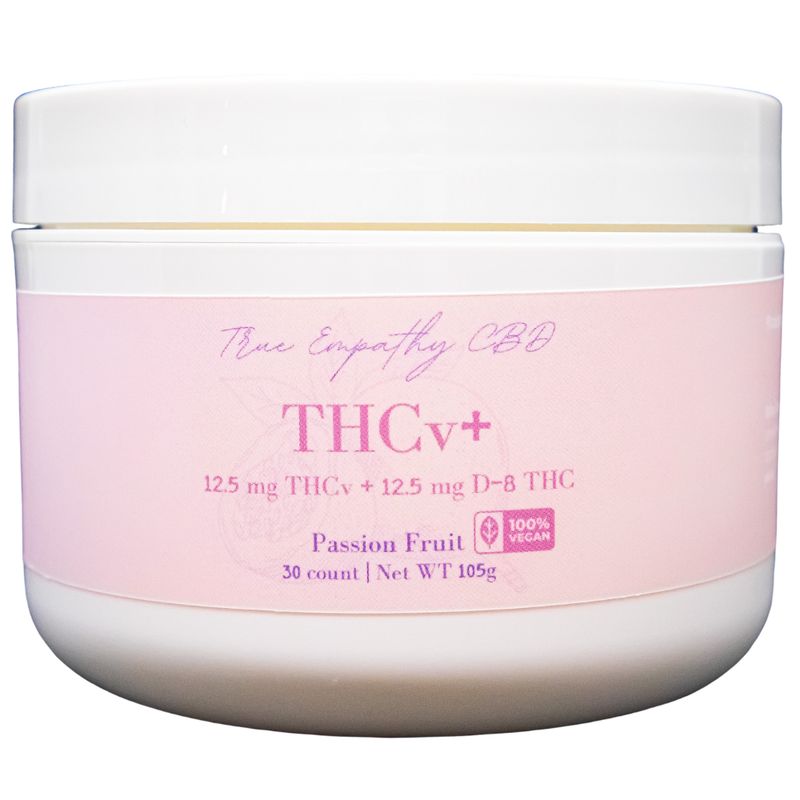 True Empathy's THCv gummies. 30 gummies per jar. 25mg per THCv gummy. 12.5 of THCv + 12.5mg of CBD. 