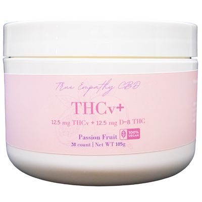 True Empathy's THCv gummies. 30 gummies per jar. 25mg per THCv gummy. 12.5 of THCv + 12.5mg of CBD. 