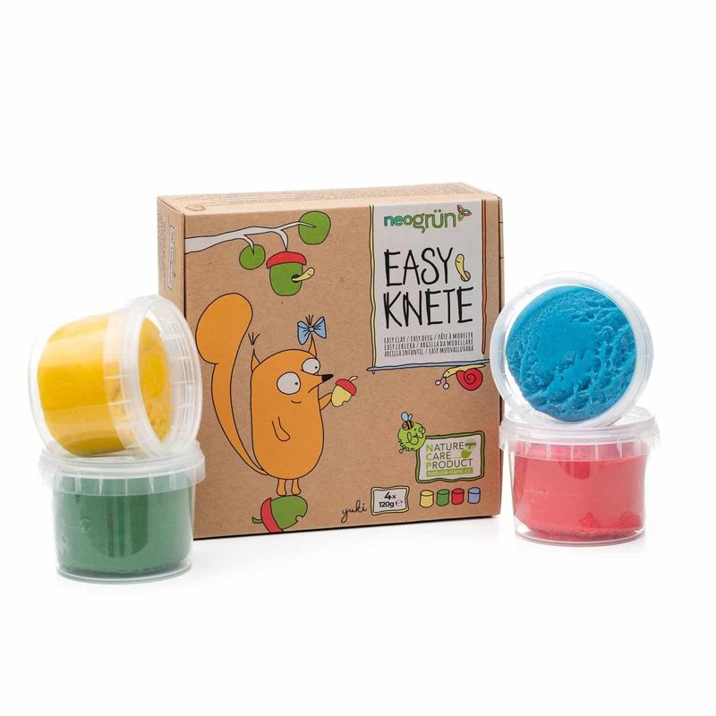 Hier sieht man die Verpackung und die 4 Dosen mit der Easy-Knete 4er Set “Yuki” von neogrün. (blau, grün, gelb und rot).