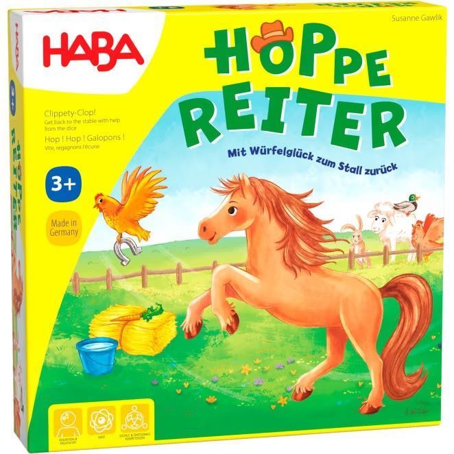 Hier sieht man die Vorderseite des Haba Hoppe Reiter  spiel.