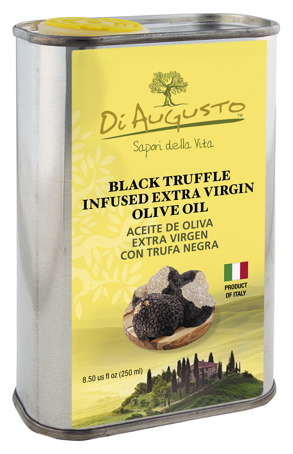 8.5oz tin of Frantoio Di Augusto Black Truffle Infused Extra-Virgin Olive Oil, rich umami flavor w/ truffles on yellow label