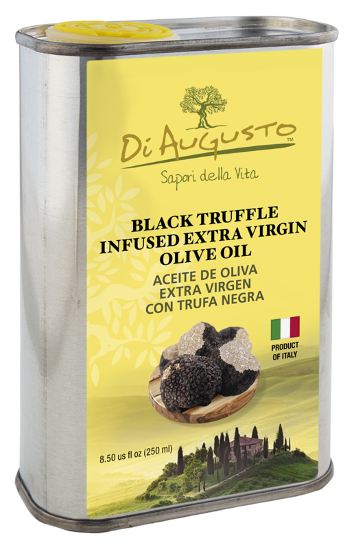 8.5oz tin of Frantoio Di Augusto Black Truffle Infused Extra-Virgin Olive Oil, rich umami flavor w/ truffles on yellow label
