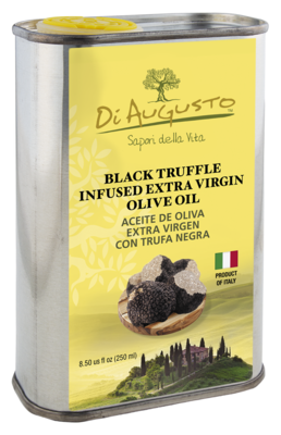 8.5oz tin of Frantoio Di Augusto Black Truffle Infused Extra-Virgin Olive Oil, rich umami flavor w/ truffles on yellow label
