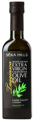 Seka Hills 100% Taggiasca olive extra virgin olive oil from California, United States in a sleek black bottle.