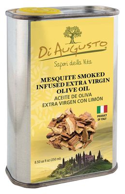8.5 oz tin of Frantoio Di Augusto Mesquite Infused Extra-Virgin Olive Oil, smoky flavor with wood chips on yellow label.
