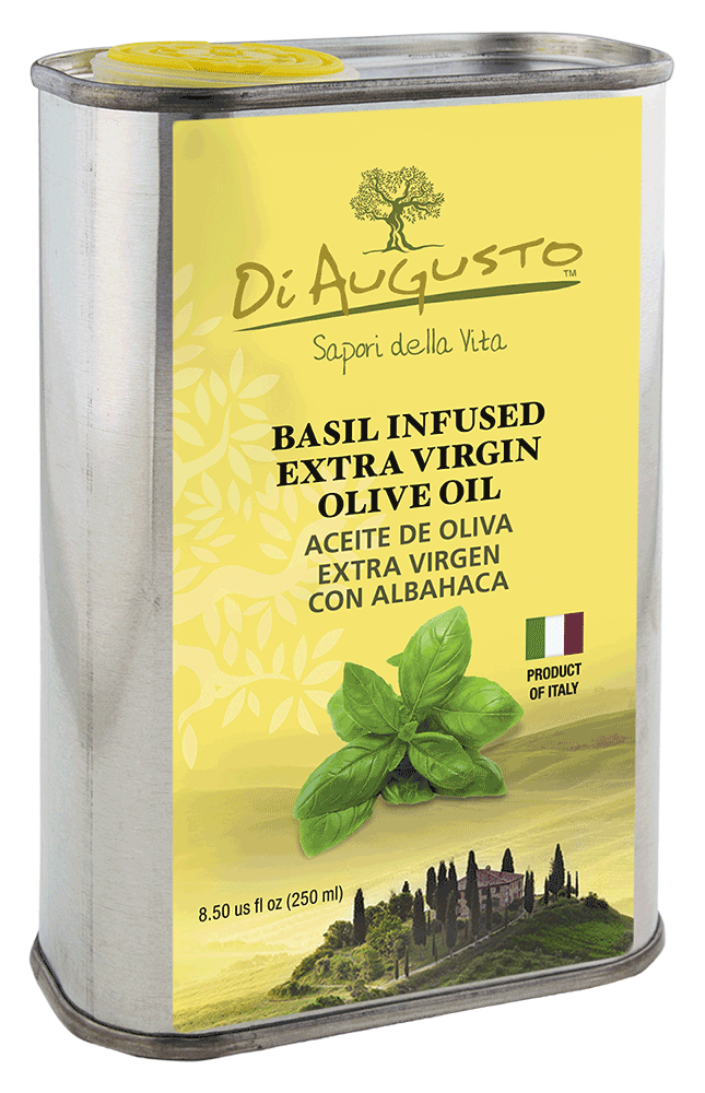 8.5 oz tin of Frantoio Di Augusto Basil-Infused Extra-Virgin Olive Oil with Italian flag and basil leaves on yellow label.