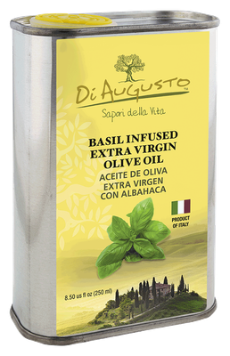 8.5 oz tin of Frantoio Di Augusto Basil-Infused Extra-Virgin Olive Oil with Italian flag and basil leaves on yellow label.