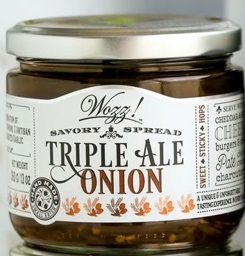 Wozz Kitchen Triple Ale Onion Spread jar with onion, beer, and balsamic accents