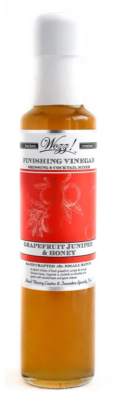 250 ml bottle of Wozz! Grapefruit Juniper & Honey Finishing Vinegar – citrusy small-batch vinegar made with honey and juniper