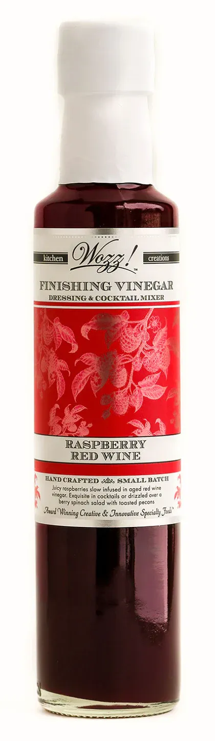 250 ml bottle of Wozz! Raspberry Red Wine Finishing Vinegar – handcrafted vinegar made with red wine and ripe raspberries.