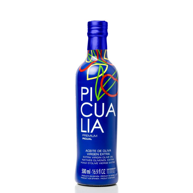 500 ml bottle of Picualia Extra-Virgin Olive Oil – Spanish EVOO in cobalt-blue glass bottle.
