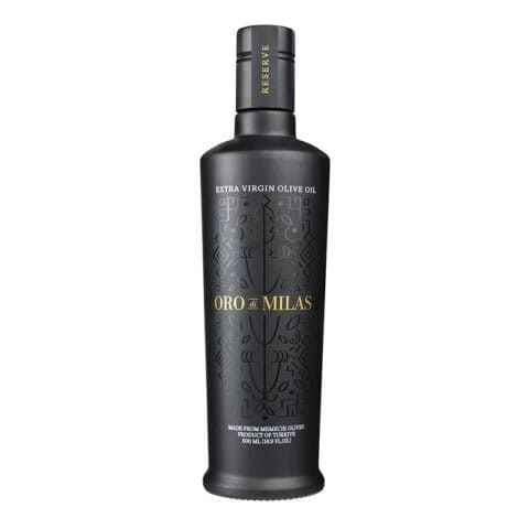 500 ml bottle of Oro di Milas Extra-Virgin Olive Oil – Turkish EVOO with intricate label inspired by Milas carpet symbols