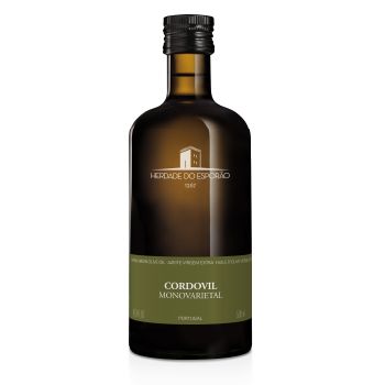 Cordovil Extra Virgin Olive Oil – 500 ml bottle with light brown label, from Alentejo, Portugal, placed against a brown bottl