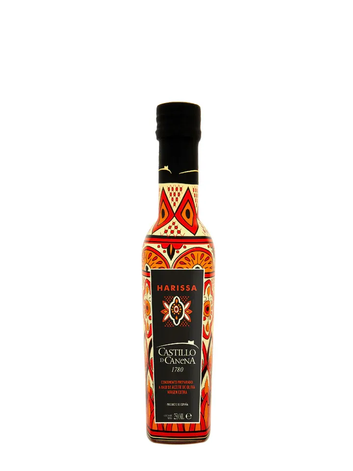 Castillo de Canena Harissa-Infused Extra Virgin Olive Oil 250 ml bottle of Castillo de Canena Harissa Extra Virgin Olive Oil – Spanish Arbequina EVOO infused with harissa spices