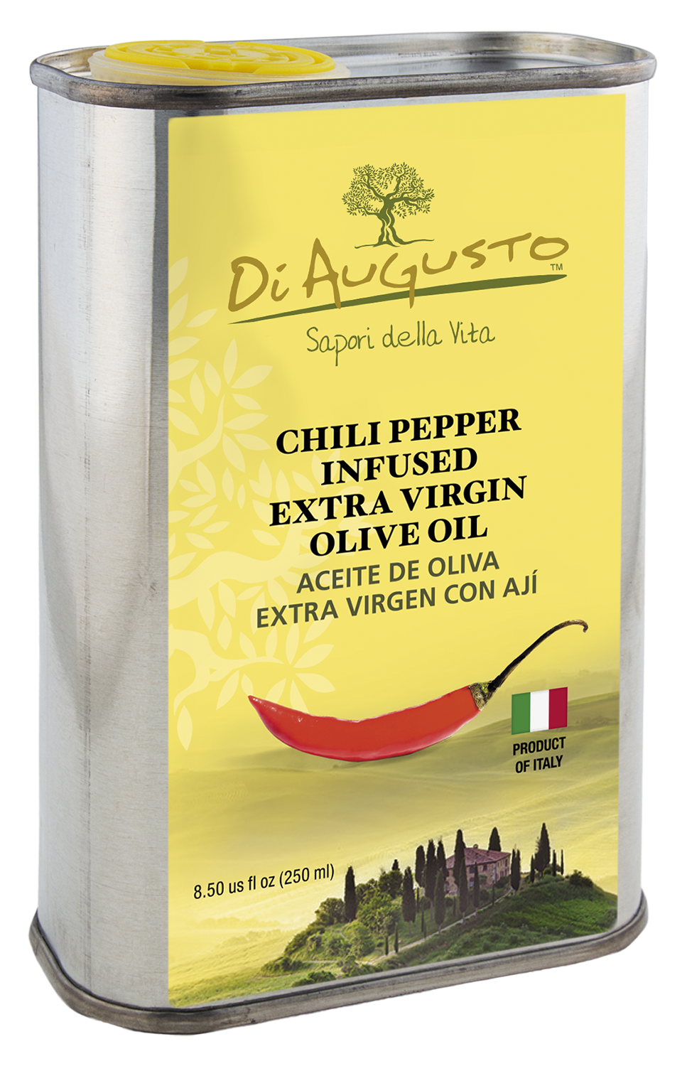 8.5 oz tin of Frantoio Di Augusto Chili Pepper Infused Extra-Virgin Olive Oil, spicy flavor with chili pepper graphic on labe