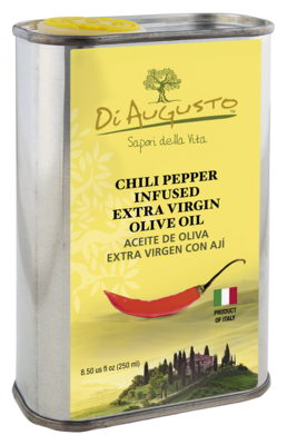 8.5 oz tin of Frantoio Di Augusto Chili Pepper Infused Extra-Virgin Olive Oil, spicy flavor with chili pepper graphic on labe