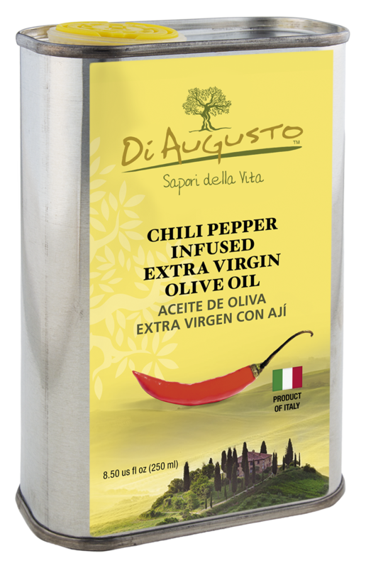 8.5 oz tin of Frantoio Di Augusto Chili Pepper Infused Extra-Virgin Olive Oil, spicy flavor with chili pepper graphic on labe