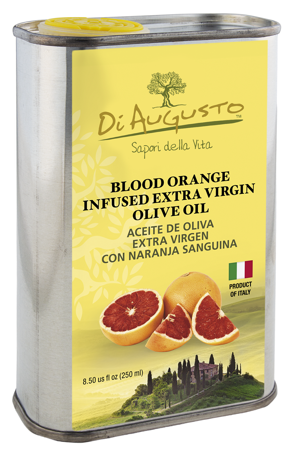 8.5 oz tin of Frantoio Di Augusto Blood Orange Infused Extra-Virgin Olive Oil, citrus flavor with blood oranges on label.