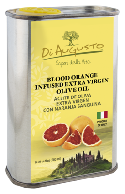 8.5 oz tin of Frantoio Di Augusto Blood Orange Infused Extra-Virgin Olive Oil, citrus flavor with blood oranges on label.