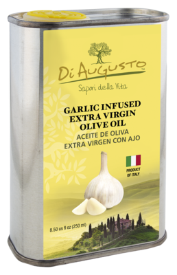 8.5oz tin of Frantoio Di Augusto Garlic-Infused Extra-Virgin Olive Oil, savory flavor with garlic bulb illustration on label