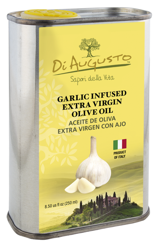 8.5oz tin of Frantoio Di Augusto Garlic-Infused Extra-Virgin Olive Oil, savory flavor with garlic bulb illustration on label