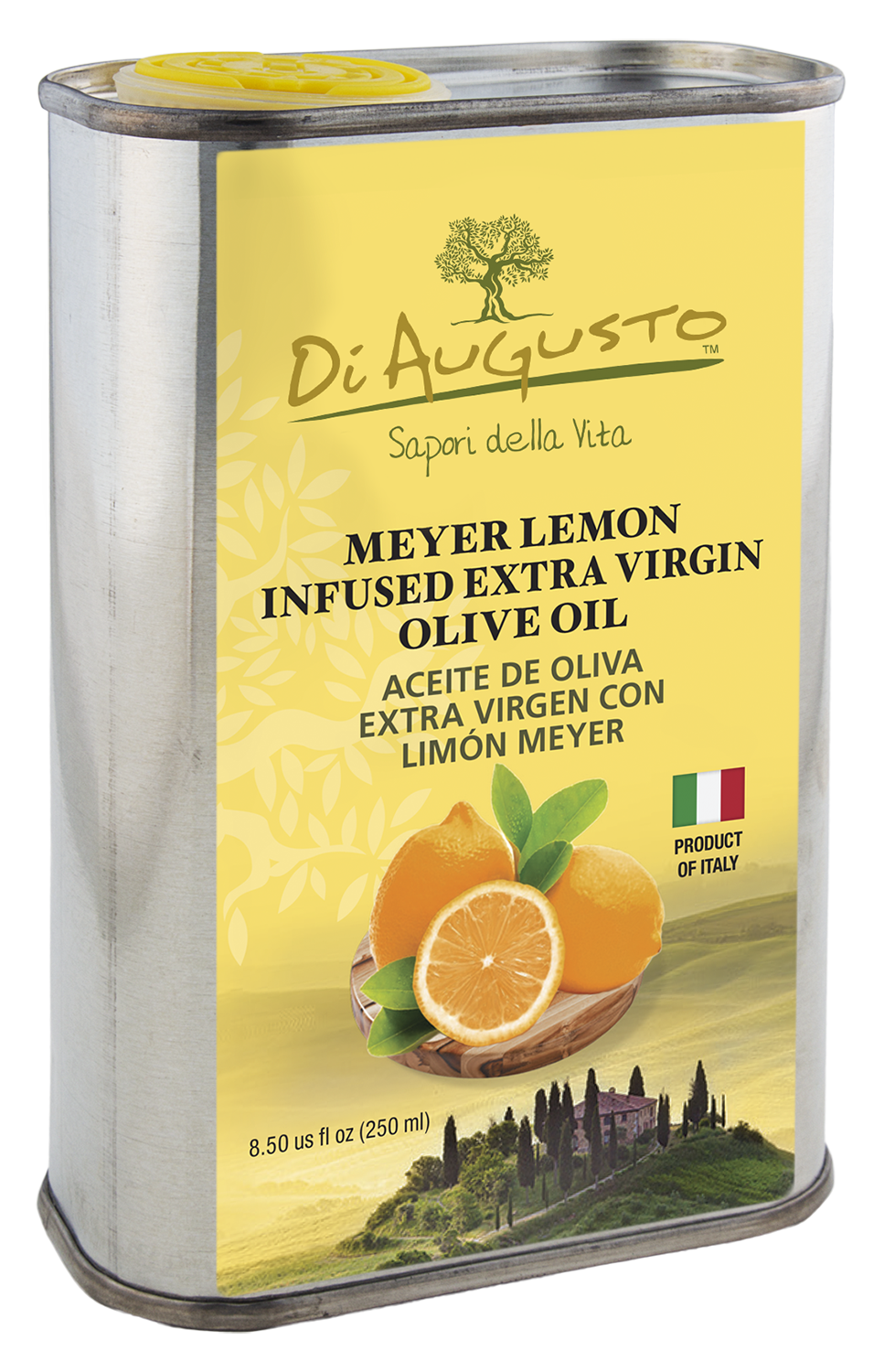 8.5 oz tin of Frantoio Di Augusto Meyer Lemon Infused Extra-Virgin Olive Oil with citrus slice and Italian scenery graphic.