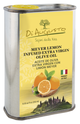 8.5 oz tin of Frantoio Di Augusto Meyer Lemon Infused Extra-Virgin Olive Oil with citrus slice and Italian scenery graphic.