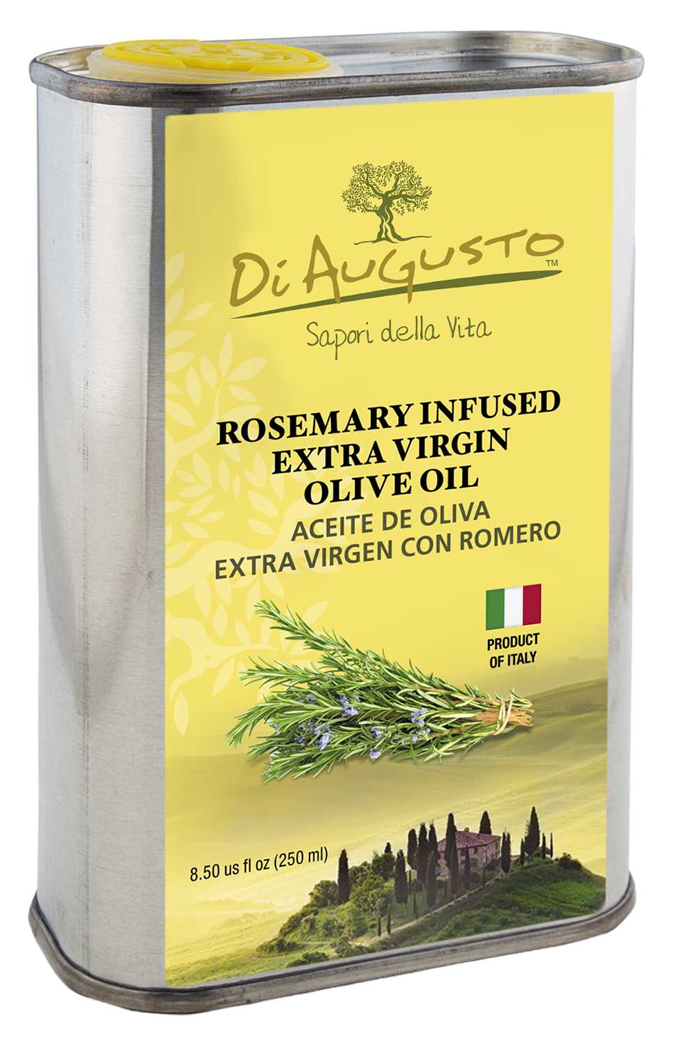 8.5 oz tin of Frantoio Di Augusto Rosemary Infused Extra-Virgin Olive Oil, herbal flavor with rosemary sprigs on yellow label