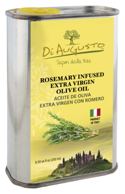 8.5 oz tin of Frantoio Di Augusto Rosemary Infused Extra-Virgin Olive Oil, herbal flavor with rosemary sprigs on yellow label