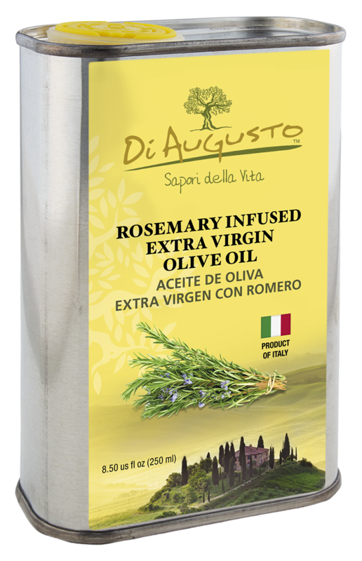 8.5 oz tin of Frantoio Di Augusto Rosemary Infused Extra-Virgin Olive Oil, herbal flavor with rosemary sprigs on yellow label