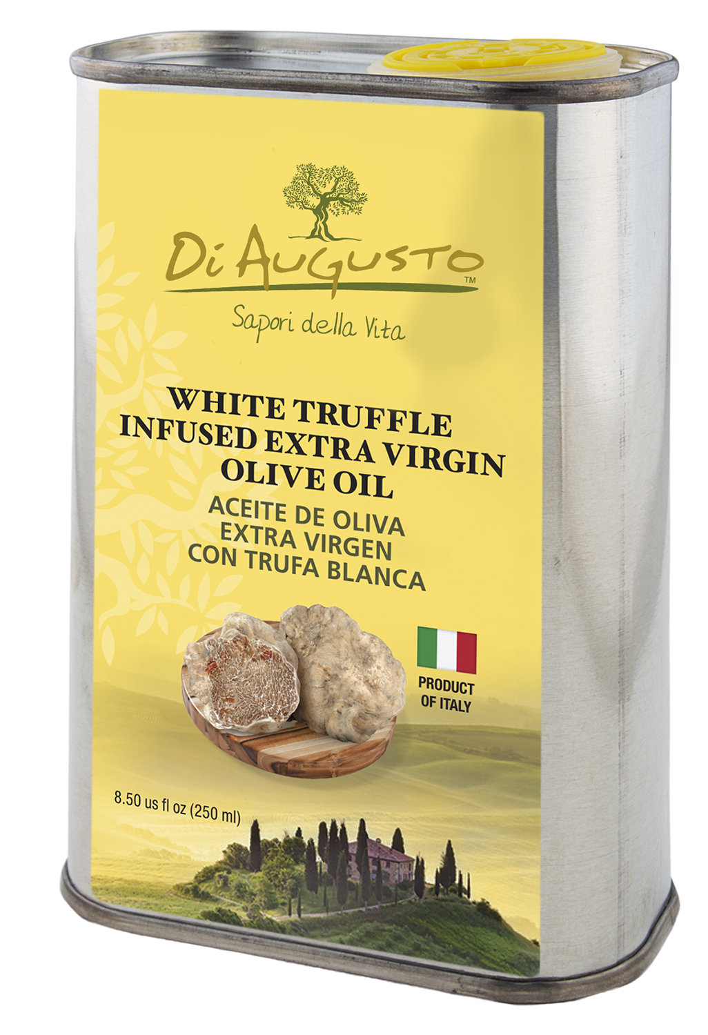 8.5 oz tin of Frantoio Di Augusto White Truffle Infused Extra-Virgin Olive Oil, subtle umami flavor with truffles on yellow