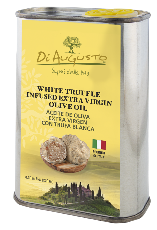 8.5 oz tin of Frantoio Di Augusto White Truffle Infused Extra-Virgin Olive Oil, subtle umami flavor with truffles on yellow
