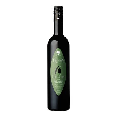 French extra virgin olive oil in a sleek black bottle – artisanal cold-pressed olive oil from France."