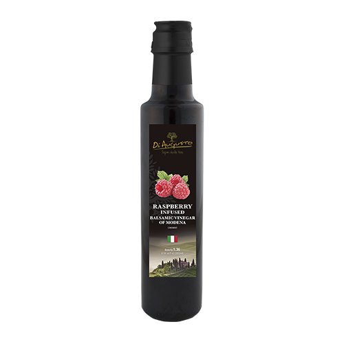 Bottle of Frantoio Augusto Raspberry-Infused Balsamic Vinegar with raspberry image on label