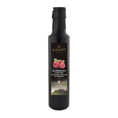 Bottle of Frantoio Augusto Raspberry-Infused Balsamic Vinegar with raspberry image on label