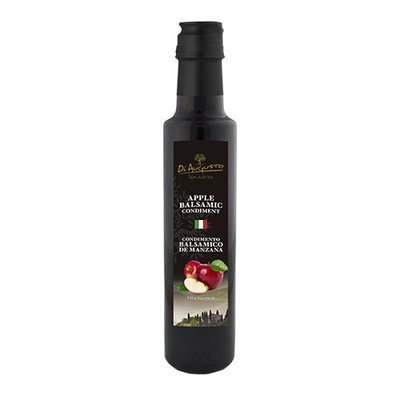 Bottle of Frantoio Augusto Apple-Infused Balsamic Vinegar with red apple image on dark label