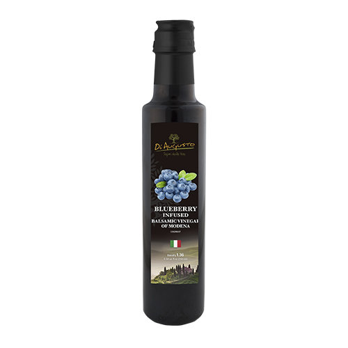 Bottle of Frantoio Augusto Blueberry-Infused Balsamic Vinegar with blueberries on label