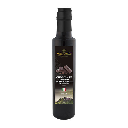 Bottle of Frantoio Augusto Chocolate-Infused Balsamic Vinegar with chocolate squares on label