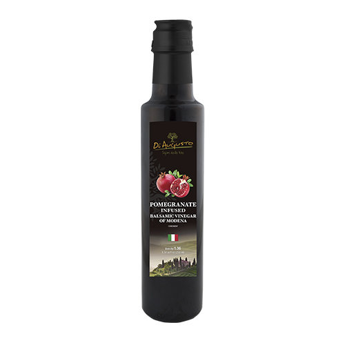 Bottle of Frantoio Augusto Pomegranate-Infused Balsamic Vinegar with pomegranate image on label