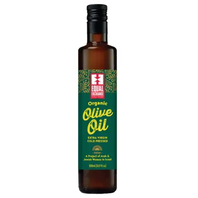 500mL bottle of Sindyanna Organic Extra Peaceful Fair Trade EVOO with colorful label design, black background