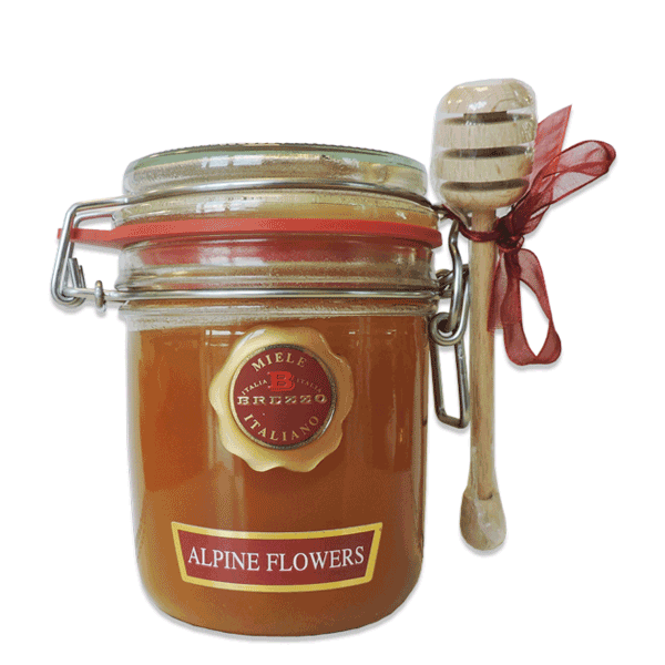 Jar of Brezzo Alpine Flowers Honey with dipper and red ribbon