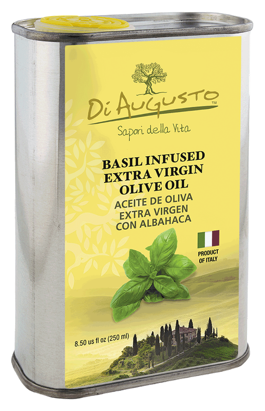 8.5 oz tin of Frantoio Di Augusto Basil-Infused Extra-Virgin Olive Oil with Italian flag and basil leaves on yellow label.