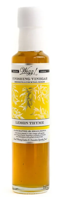Wozz! Lemon Thyme Finishing Vinegar 250 ml bottle of Wozz! Lemon Thyme Finishing Vinegar – bright cider vinegar infused with fresh lemon and thyme.
