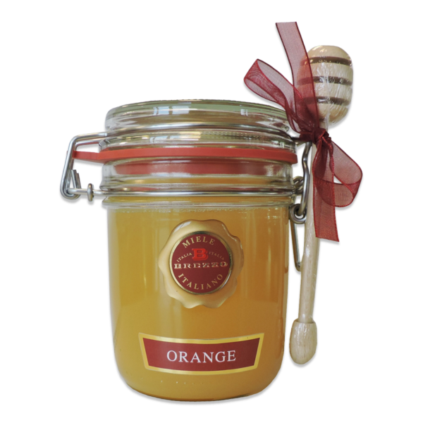 Jar of Brezzo Orange Blossom Honey with honey dipper and red bow