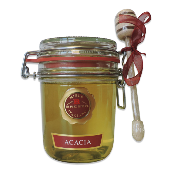 Jar of Brezzo Acacia Honey with honey dipper and bow
