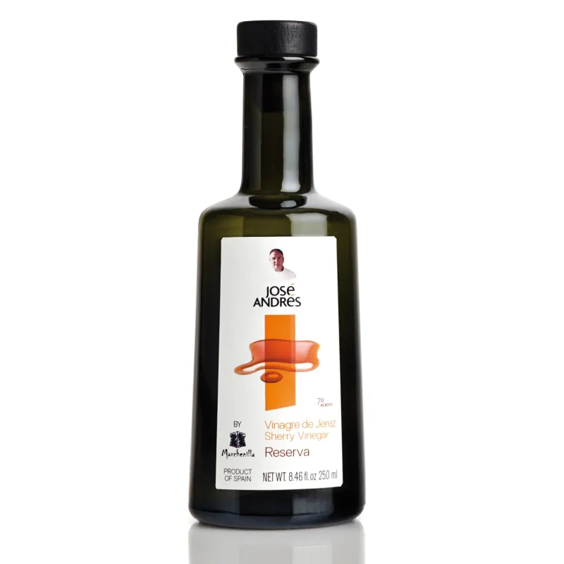 José Andrés Reserve Sherry Vinegar 250ml/8.5oz bottle of José Andrés Reserve Sherry Vinegar, Spanish vinegar aged in oak barrels & selected by Chef José Andrés