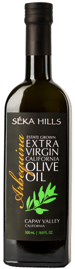 Seka Hills Arbequina Extra-Virgin Olive Oil 500 ml bottle of Seka Hills Arbequina Extra-Virgin Olive Oil from California’s Capay Valley
