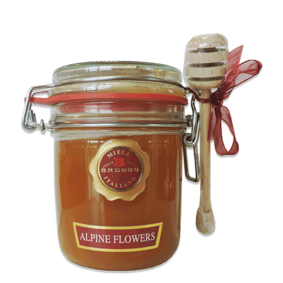 Brezzo Alpine Flowers Honey Jar of Brezzo Alpine Flowers Honey with dipper and red ribbon